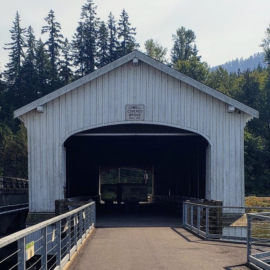 Lowell Covered Bridge in Lowell OR.  n the middle of the bridge, they had information boards telling the history and story of the bridge.
