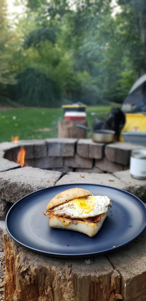 Delicious breakfast sandwich in the morning at our awesome Hip Camp site at 'Valerie B.’s Land' Bear Hallow.
